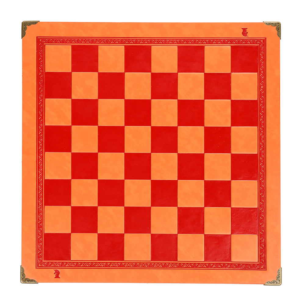 Échiquier en Cuir Enroulable Design avec bordure en métal de couleur orange et rouge pliable jeu d'échec en cuir