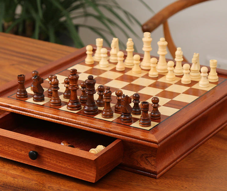 jeu d'échec bois échiquier en bois avec tiroir de rangement pièces d'échecs en bois jeux d'échecs en bois massif naturel