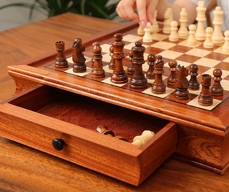 jeu d'échecs échiquier en bois magnétique avec tiroir de rangement pièces d'échecs en bois
