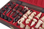 Charger l&#39;image dans la galerie, Intérieur de l’échiquier en bois pliant avec rangement – pièces d’échecs en bois clair et foncé protégées dans un intérieur de rangement rouge
