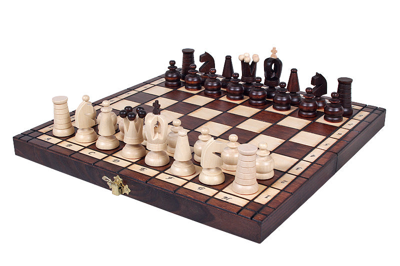 Échiquier en bois pliant 31 cm avec pièces d’échecs en bois sculptées – Ensemble Impérial avec rangement intérieur