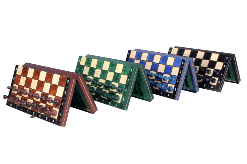 Jeu d'Échec et Échiquier en Bois Standard - Pliant & Magnétique - 4 couleurs différentes - marron, bleu, noir et vert