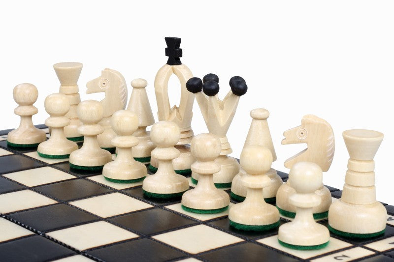 Pièces d’échecs blanches en bois de sycomore sur échiquier noir original – jeu d’échecs en bois élégant et artisanal de la collection Couronne Noire