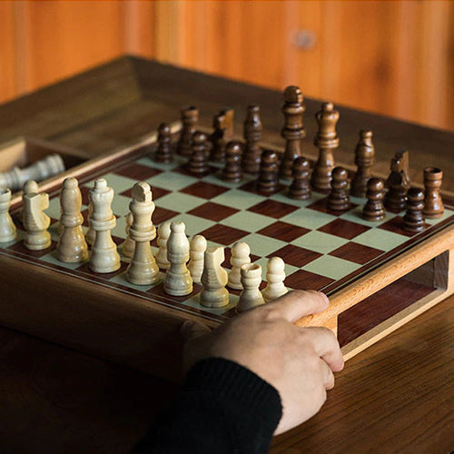 Jeu D'Échecs Magnétique 3 En 1 Pour Voyages - Échecs, Dames & Backgammon Sur Damier Bois Pliable Avec Pièces Magnétiques 24x24 Cm